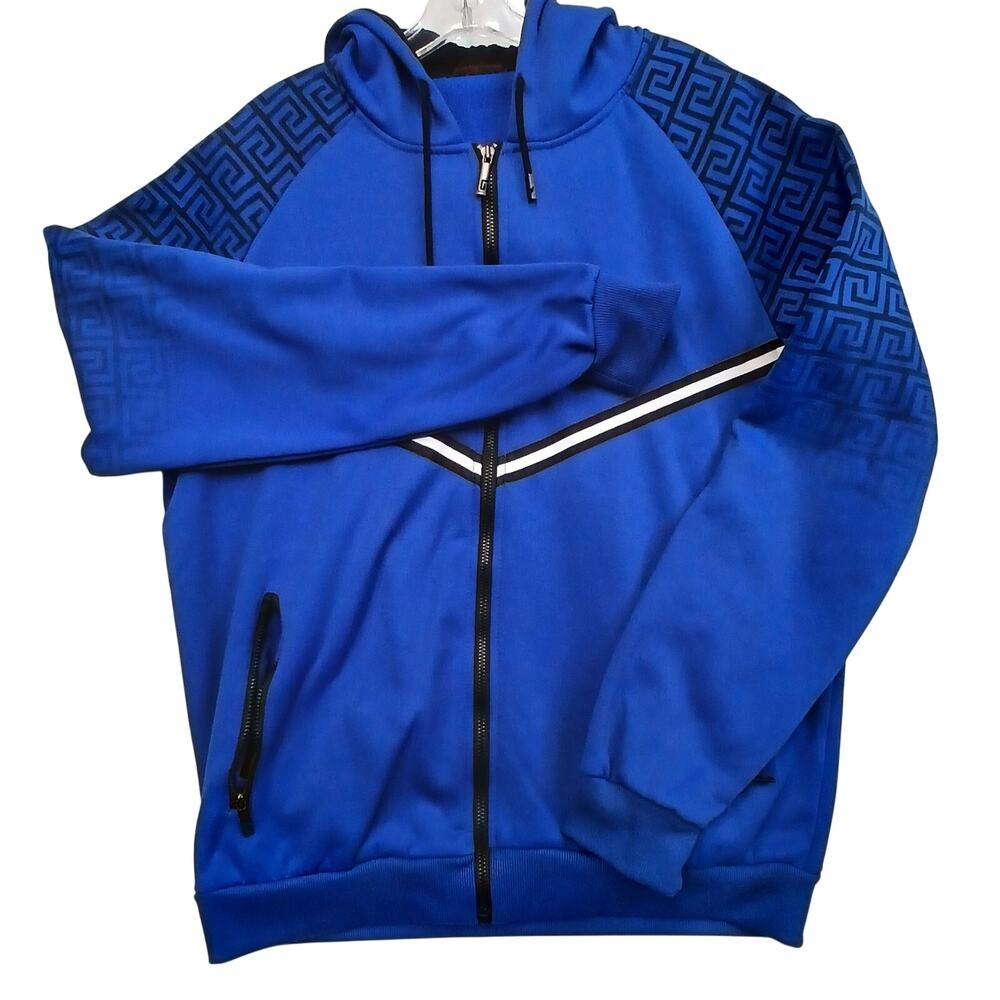 Mens XL Royal Blue Full Zip Tech Hoodie Geometric Sleeve Track Jacket